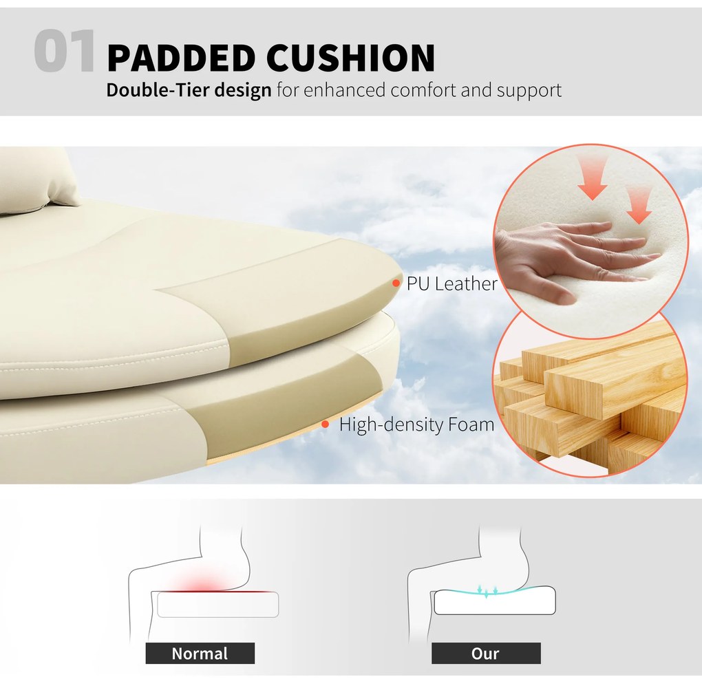 HOMCOM Scaun de birou fără brațe cu piele ecologică, scaun de birou cu roți, pernă suplimentară, reglabil în înălțime, rotativ, bej | Aosom Romania