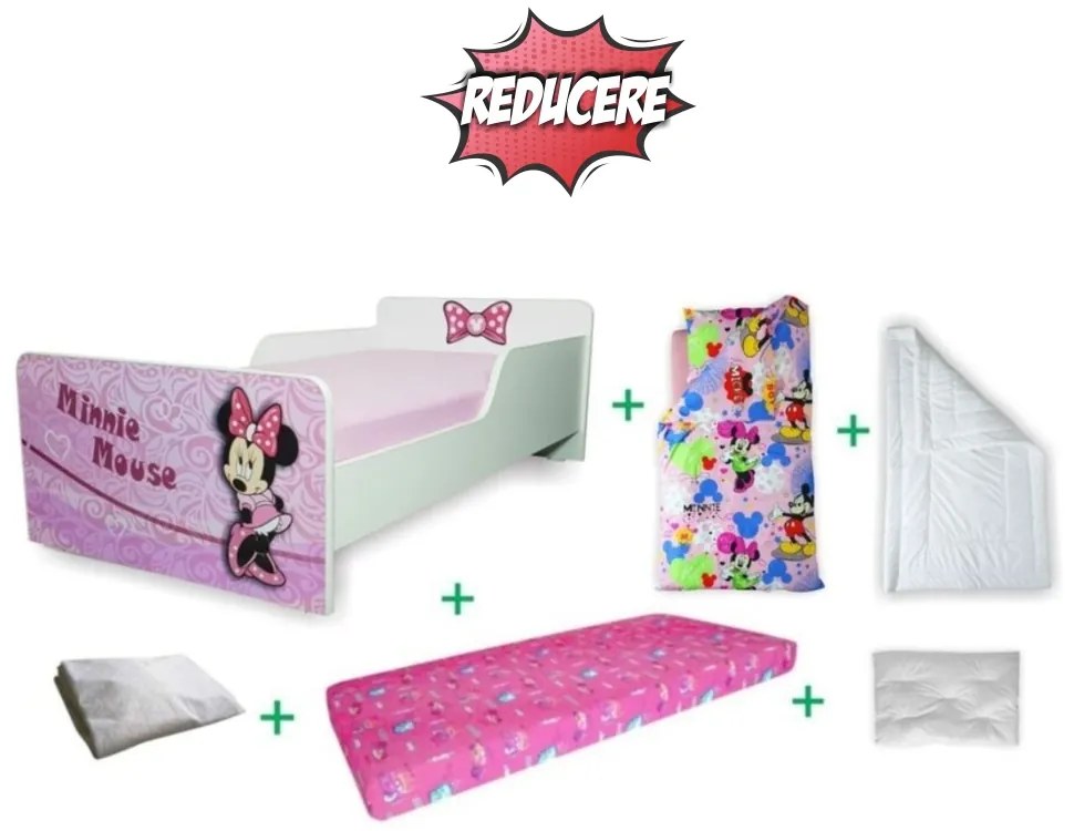 Pachet Promo Complet Pat Start Minnie 2 -12 ani cu saltea Norisor 160x80x12 cm cu lana, husa impermeabila, pilota, perna, lenjerie