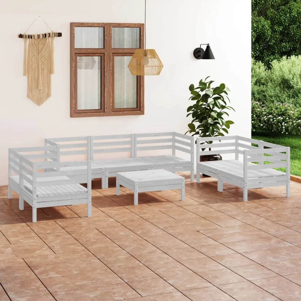 Set mobilier de gradina, 8 piese, alb, lemn masiv de pin Alb, 1