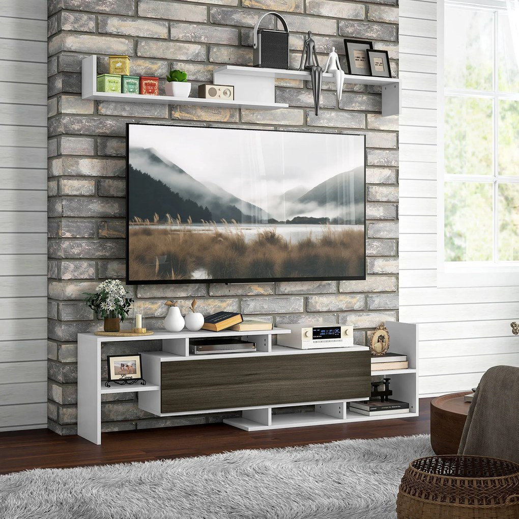 HOMCOM Mobilier TV cu Raft de Perete, Rafturi Deschise și Dulăpior din Lemn, Mobilier TV Modern, 153,6x25x42 cm, Alb | Aosom Romania