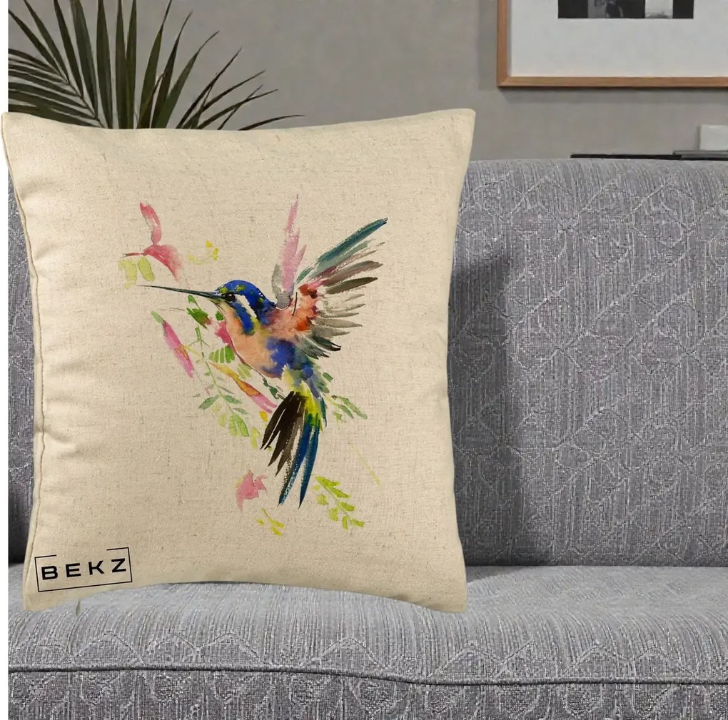 Perna Decorativa Colibri Acuarela, 40x40 cm, Bej, Husa Detasabila, Perna Inclusa, BEKZ®