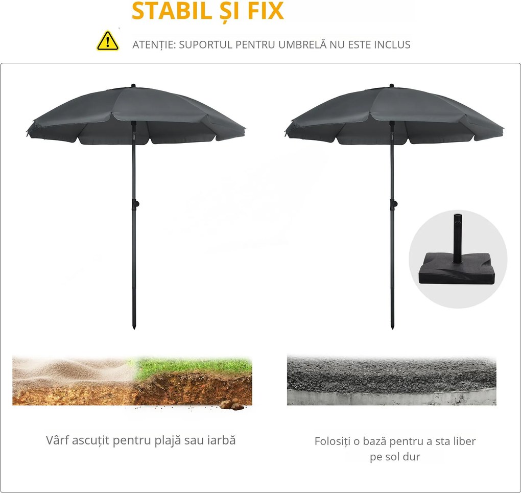 Outsunny Umbrelă de Plajă din Poliester/Oțel, 8 Nervuri, Tetieră Înclinabilă 45°, Gri | Aosom Romania