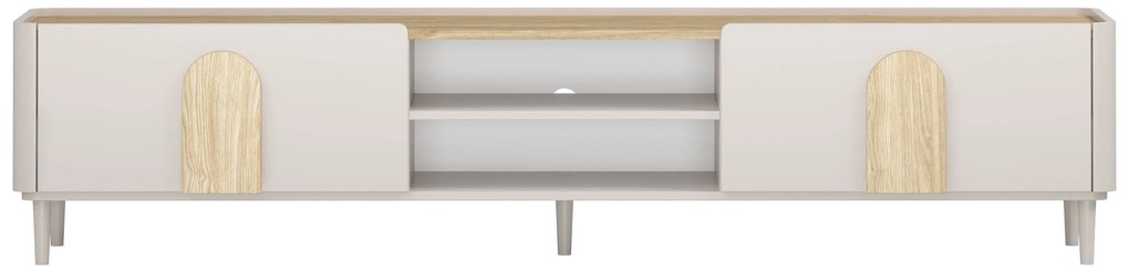 Comodă TV Amilio 220 cm cu sertar pe picioare - cashmir / stejar uleiat / mânere stejar deschis