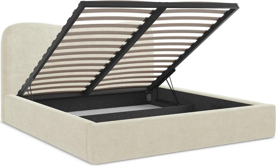 Pat matrimonial bej tapițat cu spațiu de depozitare cu somieră 160x200 cm Kahai – Makamii