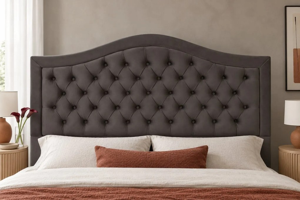 Pat tapițat Chesterfield din catifea Solaria Deluxe 180×200 cm, gri închis, cu ladă de depozitare