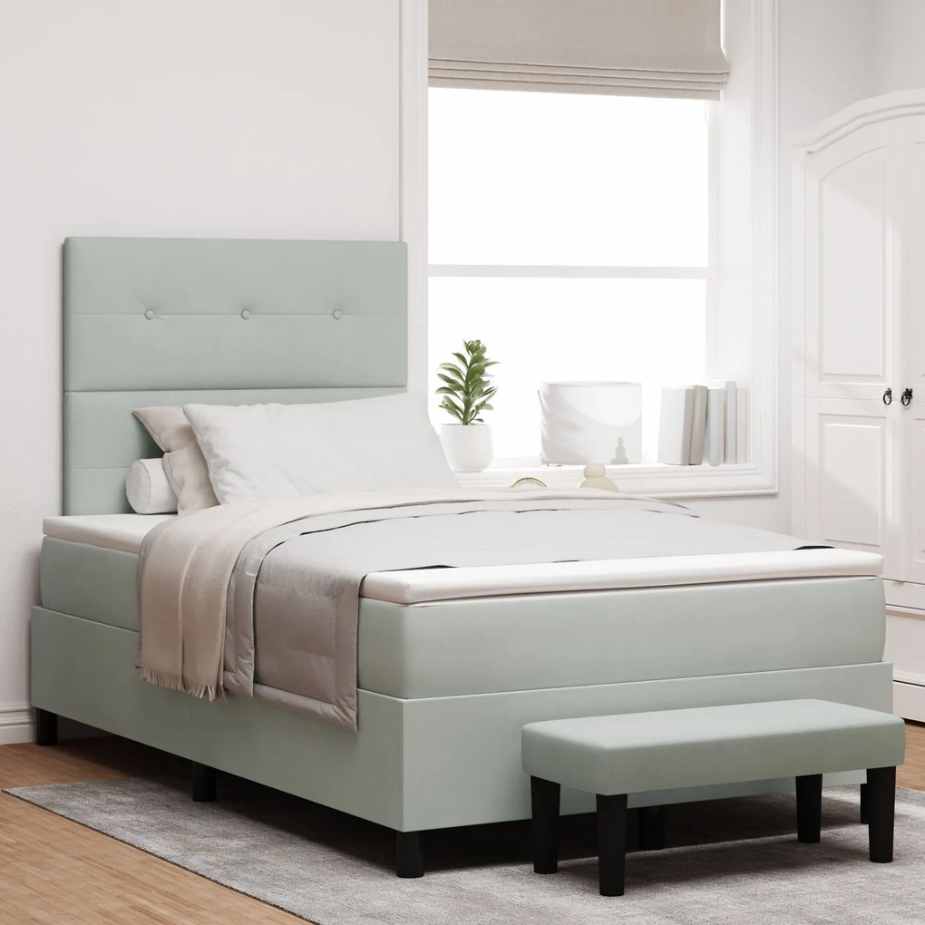 vidaXL Pat Box Spring cu Saltea &amp; Bancă Gri deschis 120x200 cm Catifea
