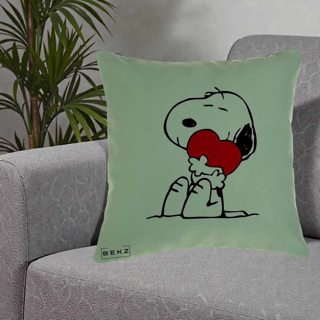 Perna Personalizata Snoopy cu Inima, 40x40 cm, Verde, Husa Detasabila, Perna Inclusa, BEKZ®