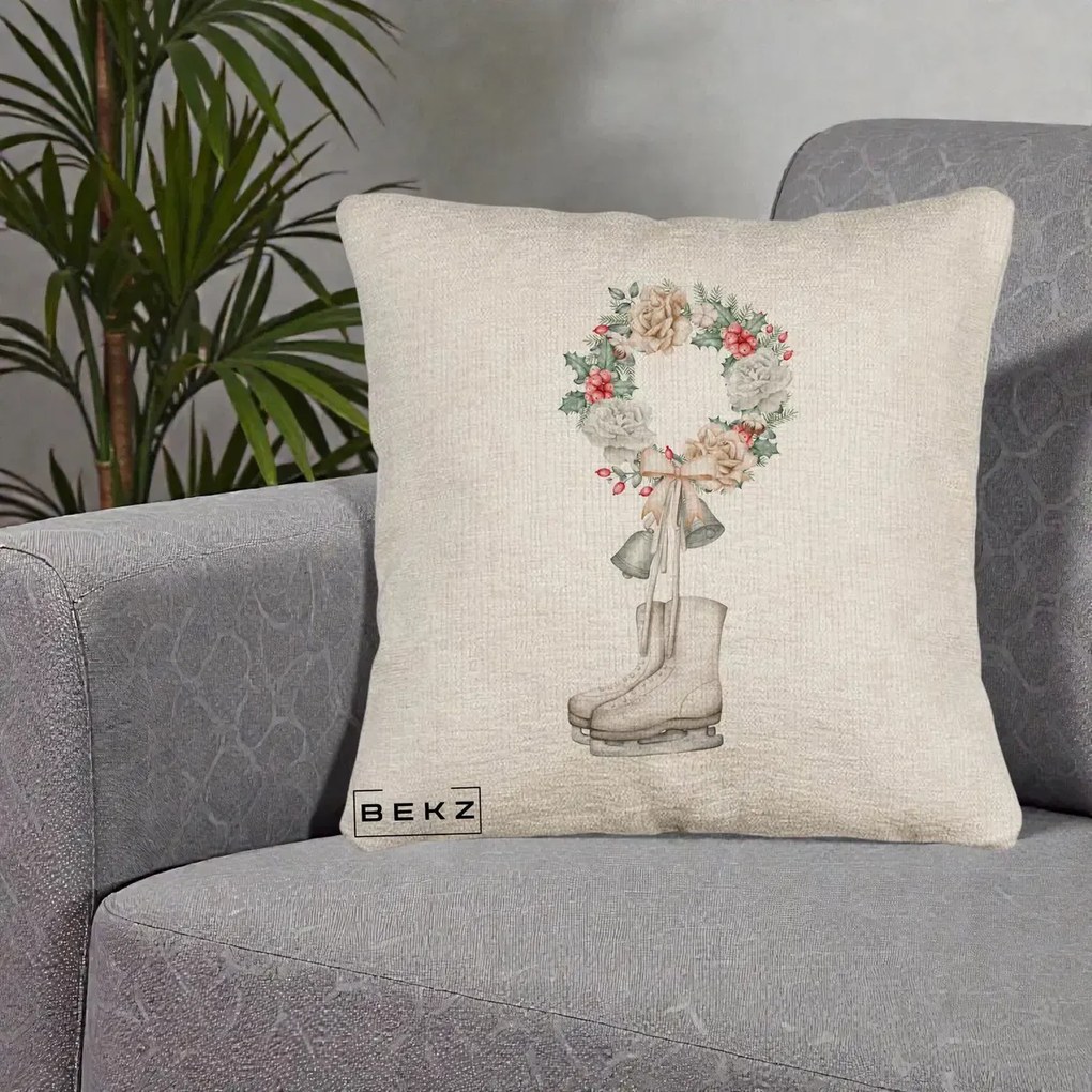 Perna Decorativa Patine cu Coroana Florala de Craciun, 40x40 cm, Bej Canapea, Husa Detasabila, Perna Inclusa, BEKZ®