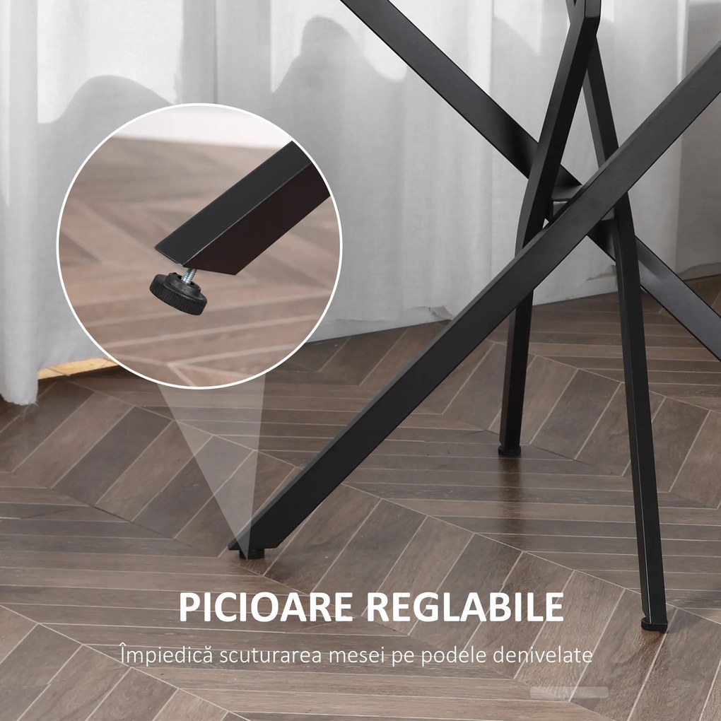 HOMCOM Masa Rotunda din Sticla si Picioare Incrucisate din Metal, Masuta Moderna pentru Sufragerie si Birou, 80x80x75cm, Negru