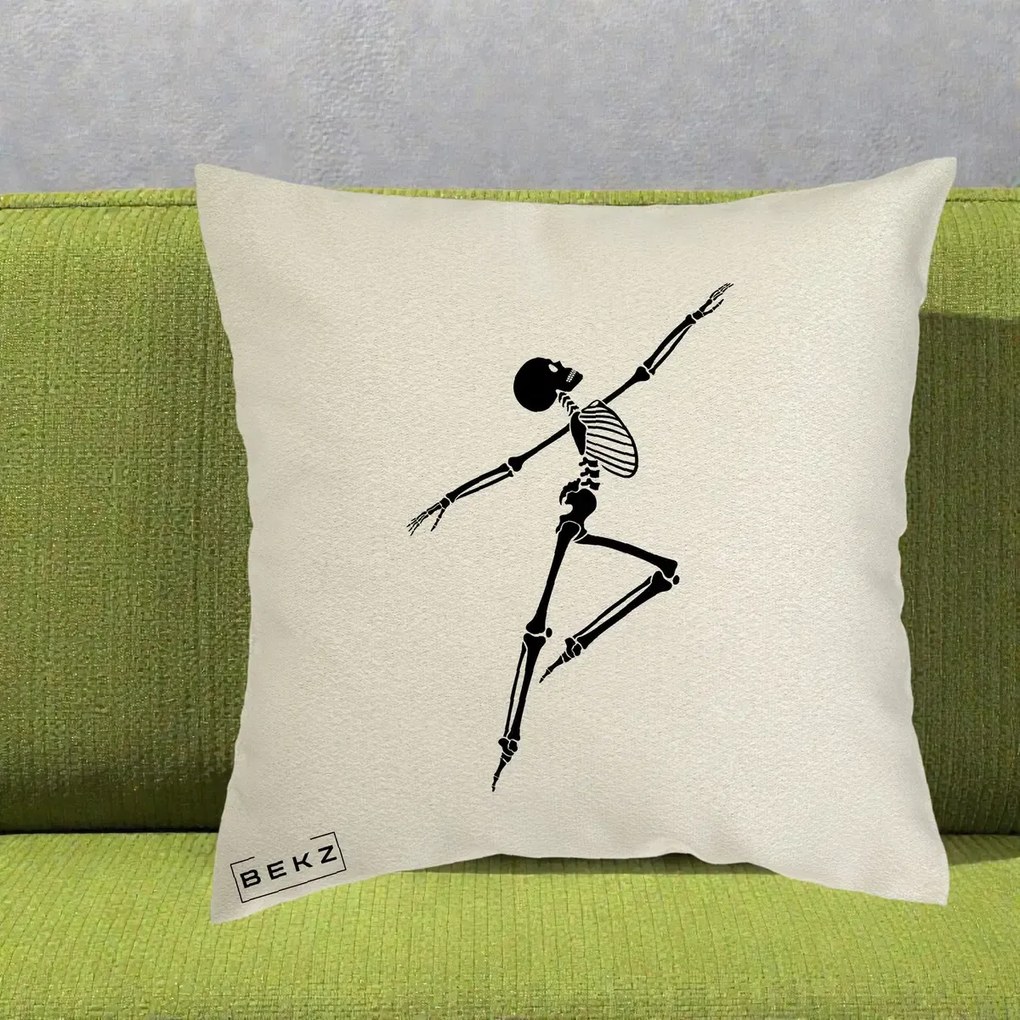 Perna Decorativa Schelet Dansator Silueta Neagra Halloween, 40x40 cm, Ecru, Husa Detasabila, Perna Inclusa, BEKZ®