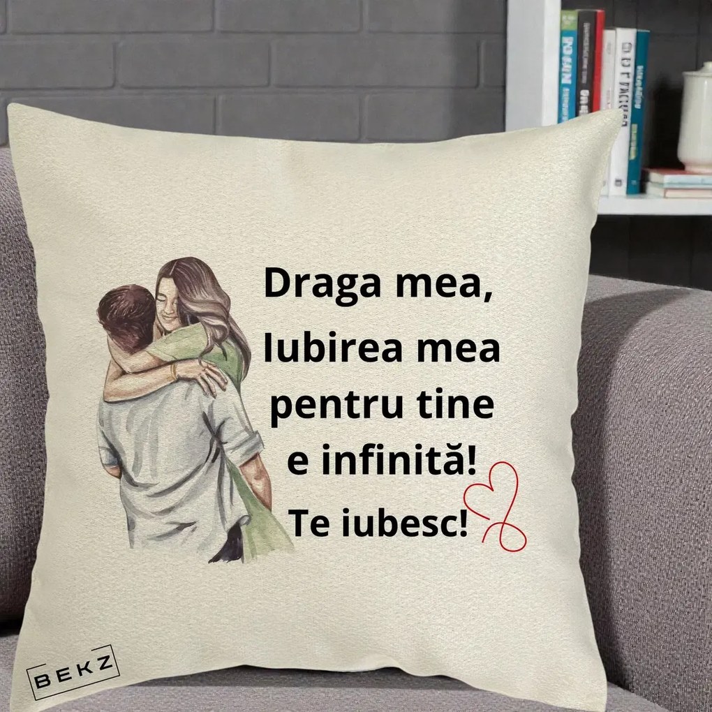 Cadou pentru Iubita - Perna Personalizata Draga Mea Iubirea Mea Infinita Te Iubesc cu Cuplu Acuarela, 40x40 cm, Ecru, Husa Detasabila, Perna Inclusa, BEKZ®