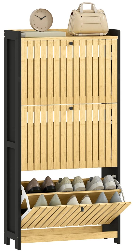 HOMCOM Mobila pentru pantofi 18 perechi cu 3 sertare rabatabile, uși din bambus cu lamele, 60x24x118cm, negru și lemn natural | Aosom Romania