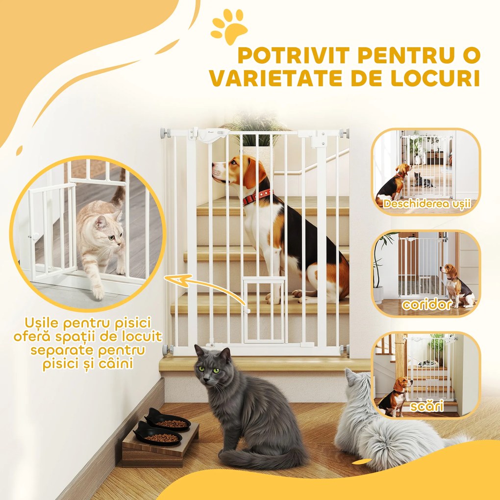 PawHut Poartă Reglabilă pentru Câini cu Ușă Mică și Montaj prin Presiune, 74-80x91.4 cm, Alb | Aosom Romania