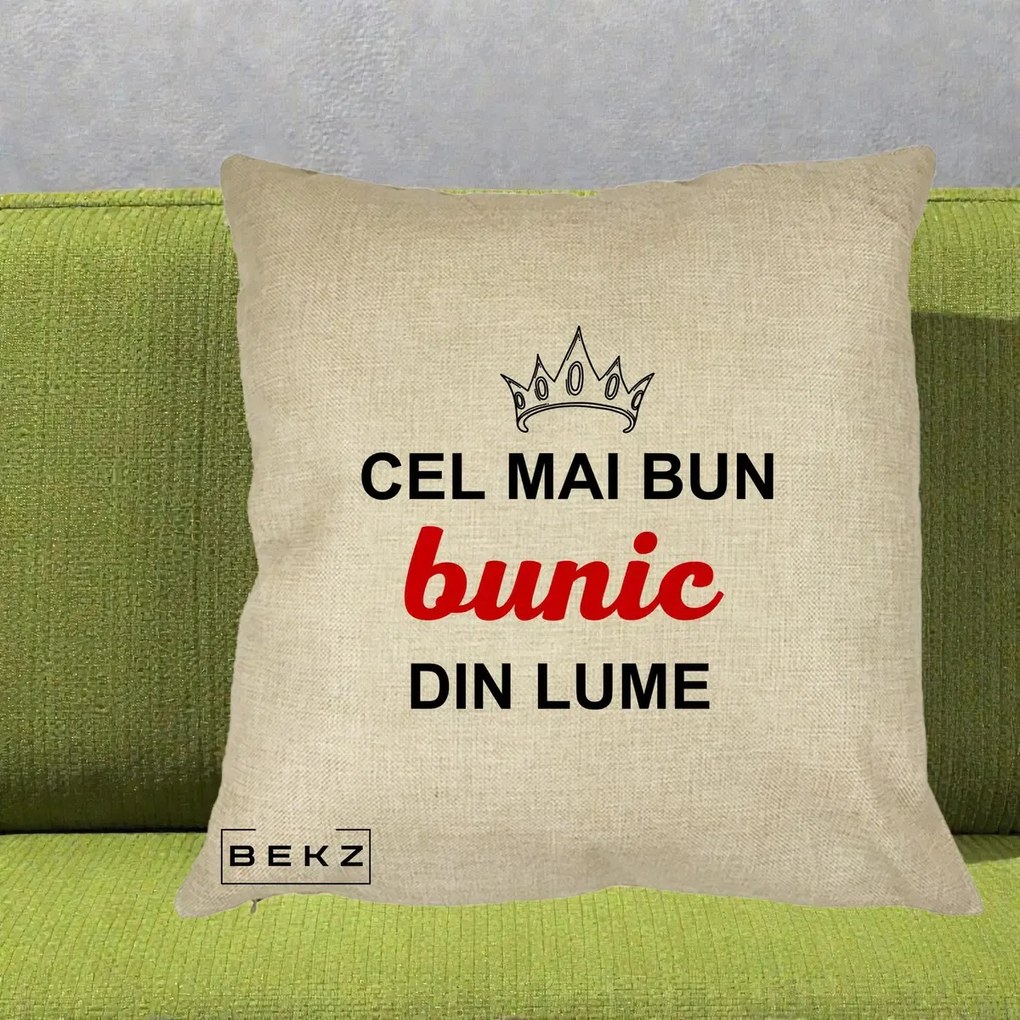 Cadou pentru Bunic - Perna Personalizata Cel Mai Bun Bunic Din Lume Coroana Rosu, 40x40 cm, Crem, Husa Detasabila, Perna Inclusa, BEKZ®