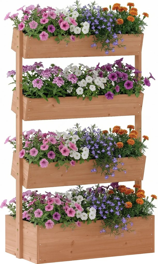 Outsunny Jardinieră din lemn cu 4 niveluri Jardinieră ridicată exterioară cu orificii de drenaj și material nețesut Maro | Aosom Romania