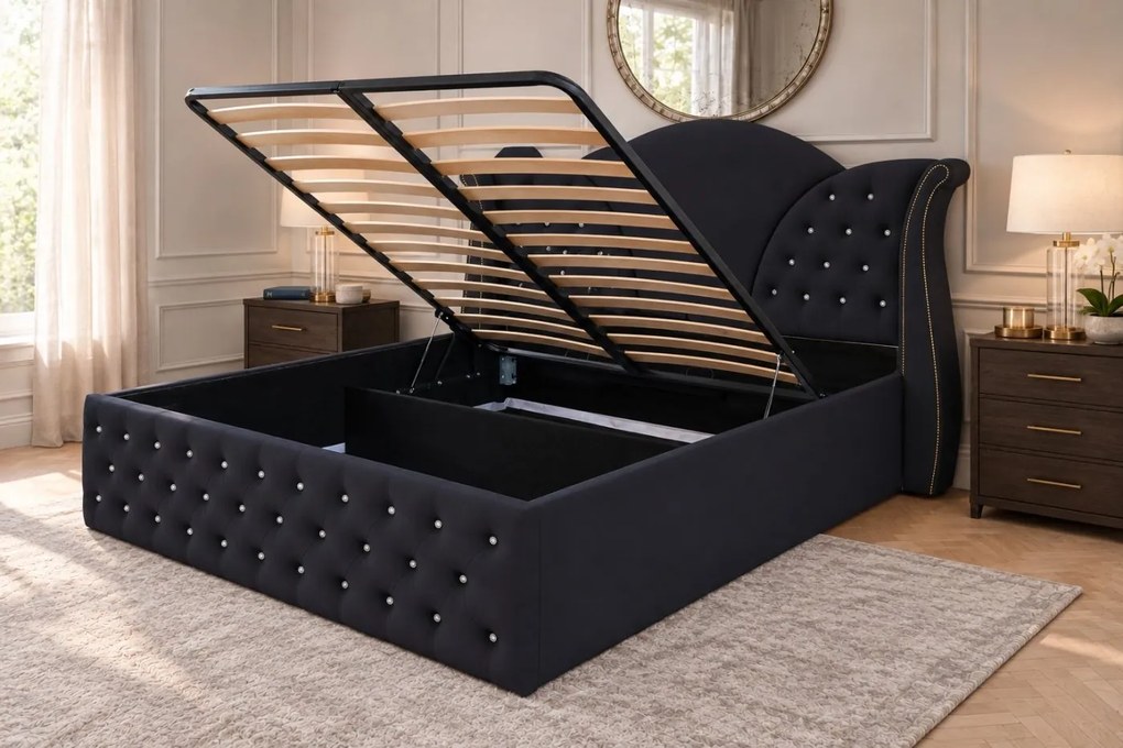 Pat tapițat Chesterfield din catifea Velora Cristal 140×200 cm, negru, cu ladă de depozitare