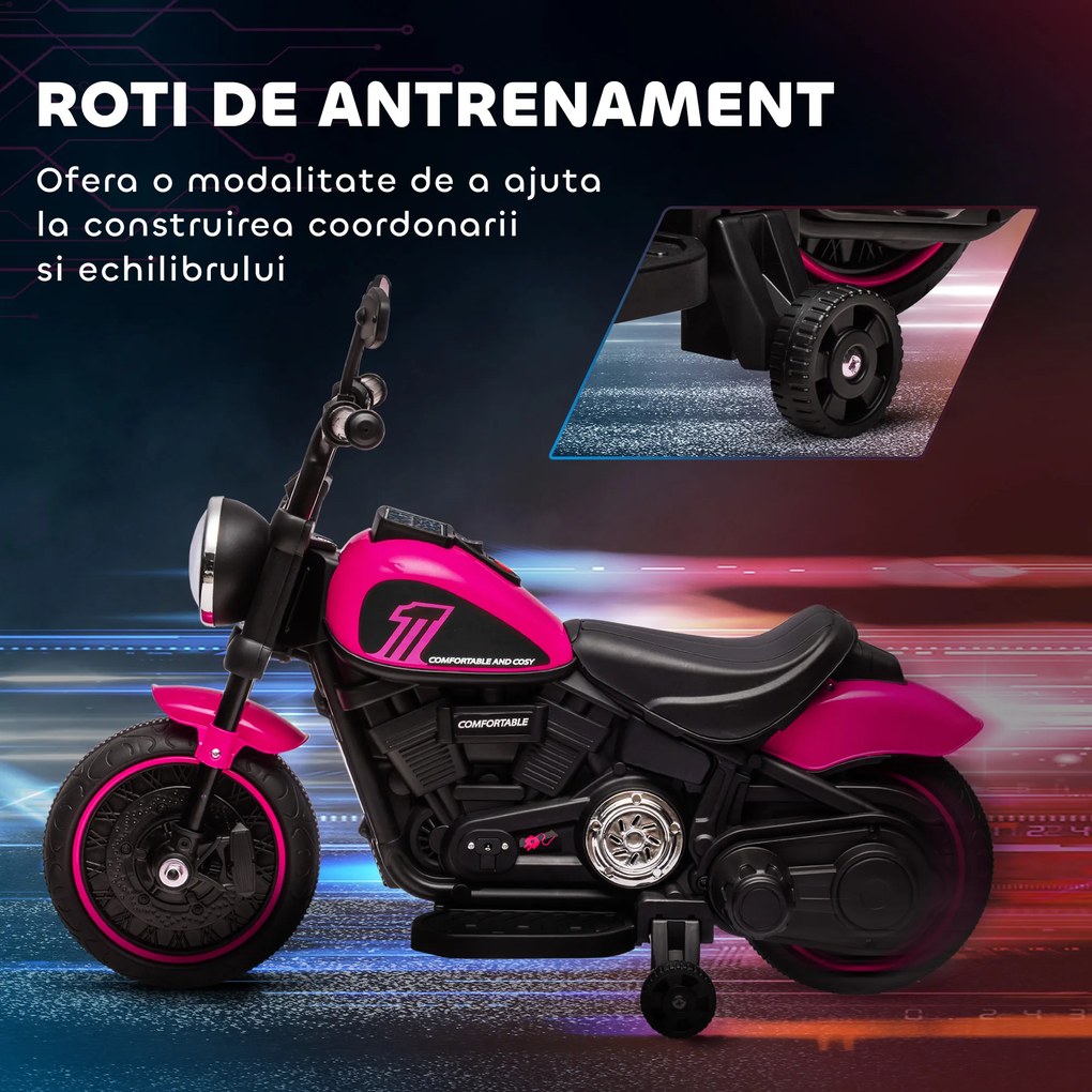HOMCOM Motocicletă Electrică pentru Copii 18-36 luni, Motocicletă de Jucărie cu Roți Suplimentare și Faruri, 76x42x57 cm, Roz | Aosom Romania