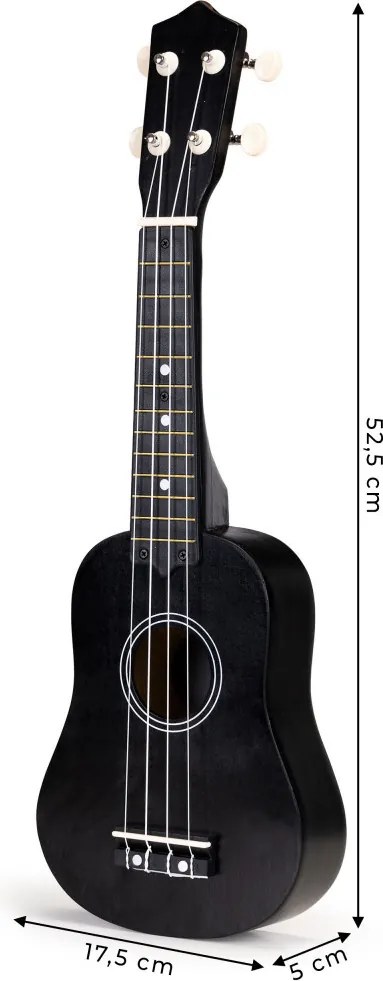 Chitară Ukulele din lemn pentru copii, 4 corzi din nailon negru