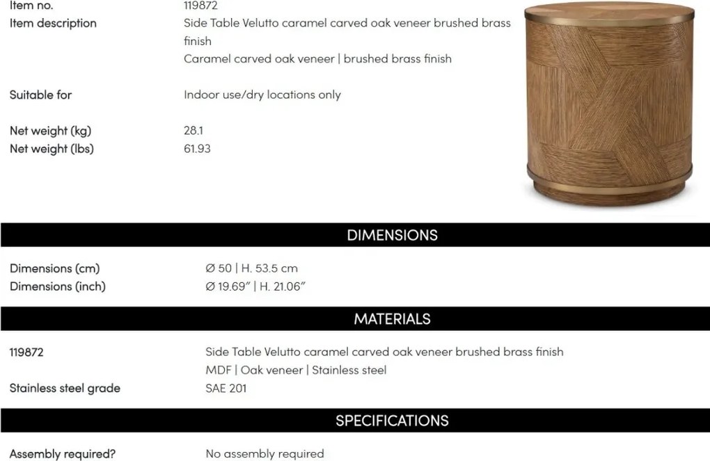 Masuta auxiliara LUX, Furnir de stejar, Velutto