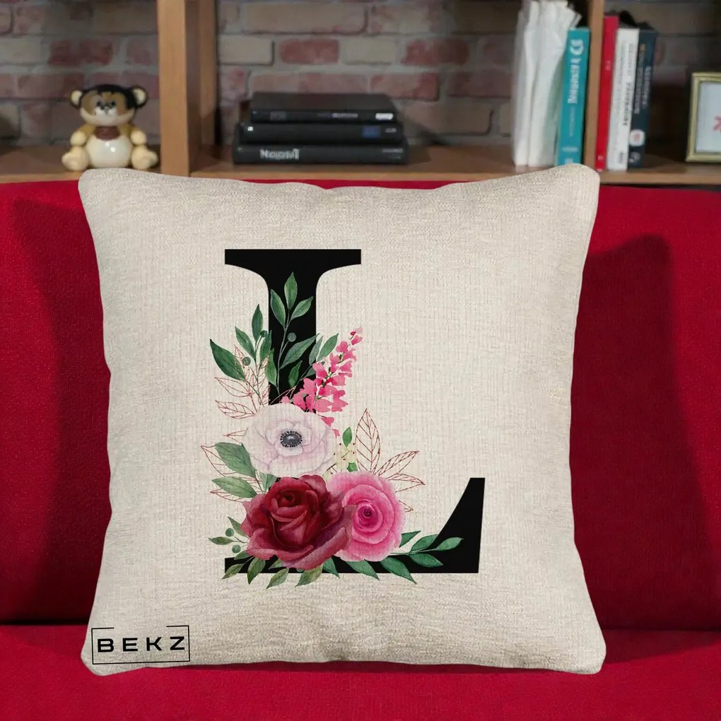 Cadou Personalizat - Perna Personalizata Monograma Florala Litera L, 40x40 cm, Bej Canapea, Husa Detasabila, Perna Inclusa, BEKZ®