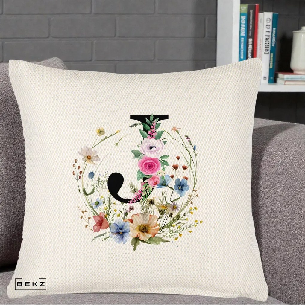 Cadou Personalizat - Perna Personalizata Monogram Litera J cu Flori Acuarela, 40x40 cm, Crem Reliefat, Husa Detasabila, Perna Inclusa, BEKZ®