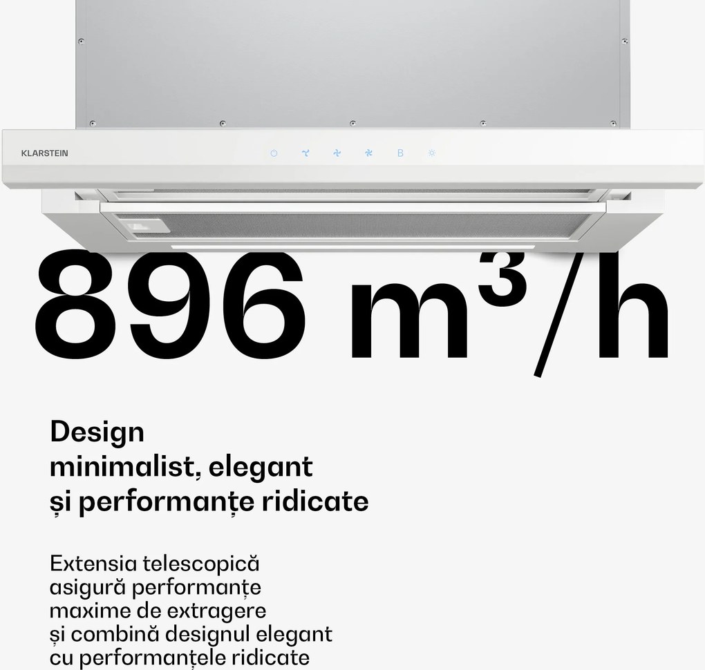 Klarstein Velaire hotă telescopică 60 cm, Elegantă, minimalistă, performantă, Clasa energetică A++, 896 m³/h