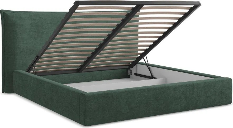 Pat matrimonial verde tapițat cu spațiu de depozitare cu somieră 160x200 cm Esala – Makamii