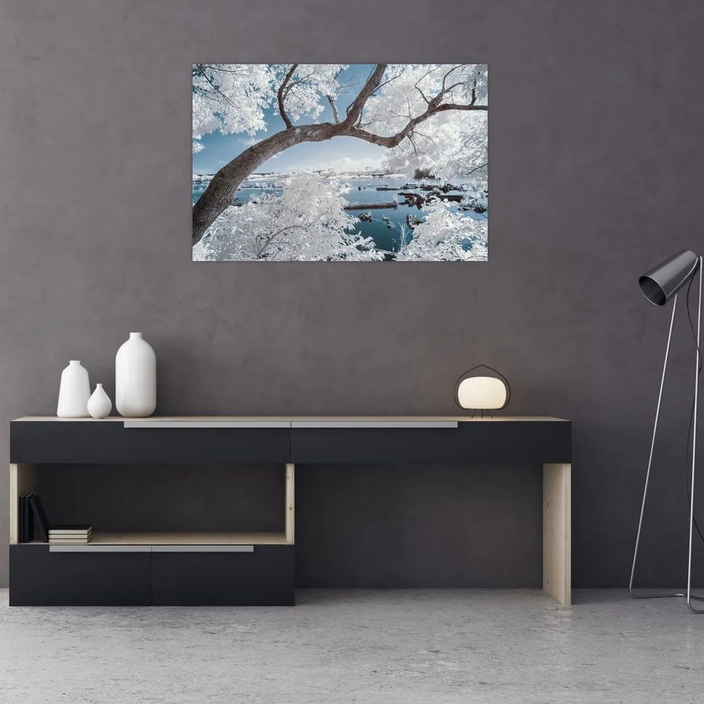 Tablou cu copac înzăpezit lângă apă (90x60 cm)