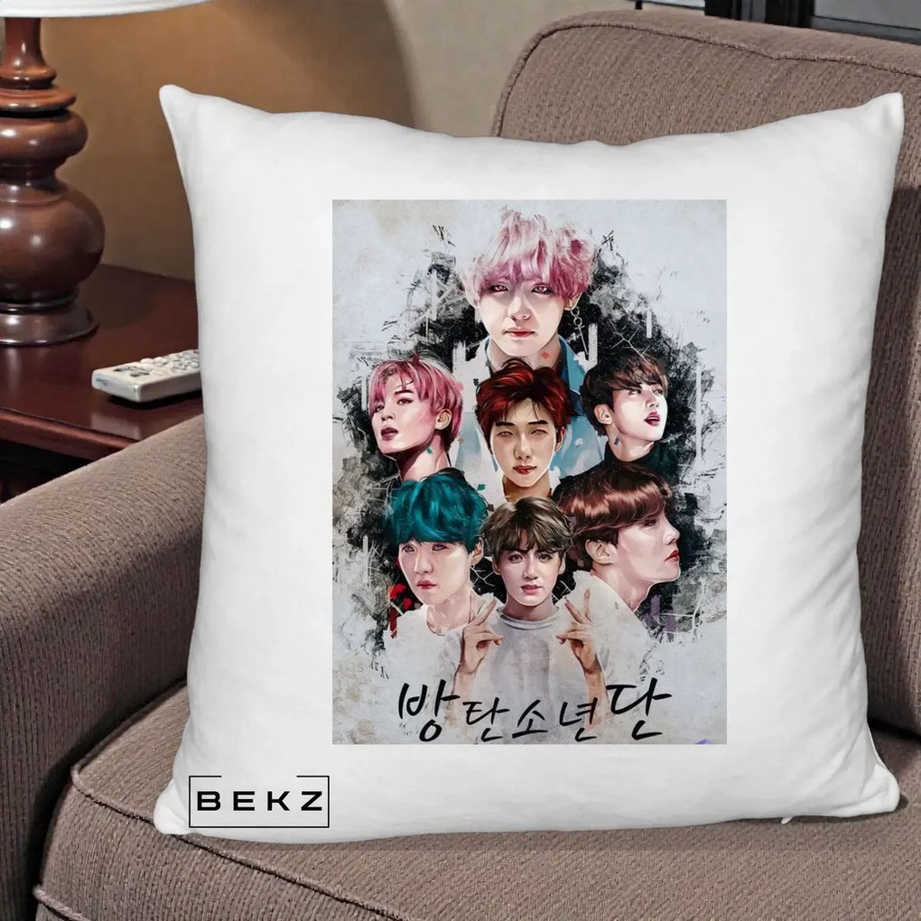 Perna Personalizata K-pop BTS Bangtan Boys Poster Artistic Negru Alb, 40x40 cm, Alb Pufos, Husa Detasabila, Perna Inclusa, BEKZ®