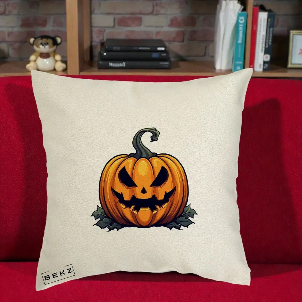 Perna Decorativa Halloween Jack-o'-Lantern Infricosator, 40x40 cm, Ecru, Husa Detasabila, Perna Inclusa, BEKZ®