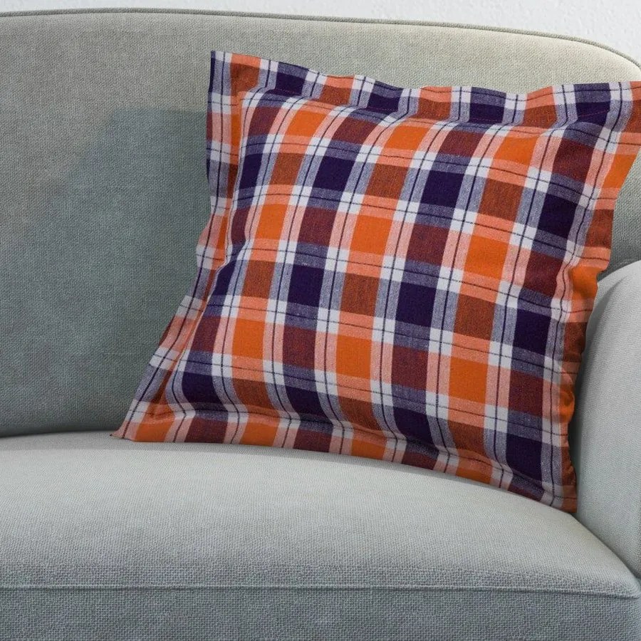 Goldea față de pernă din bumbac kanafas cu tiv decorativ - model 040 - carouri mari în albastru-violet-portocaliu 40 x 40 cm