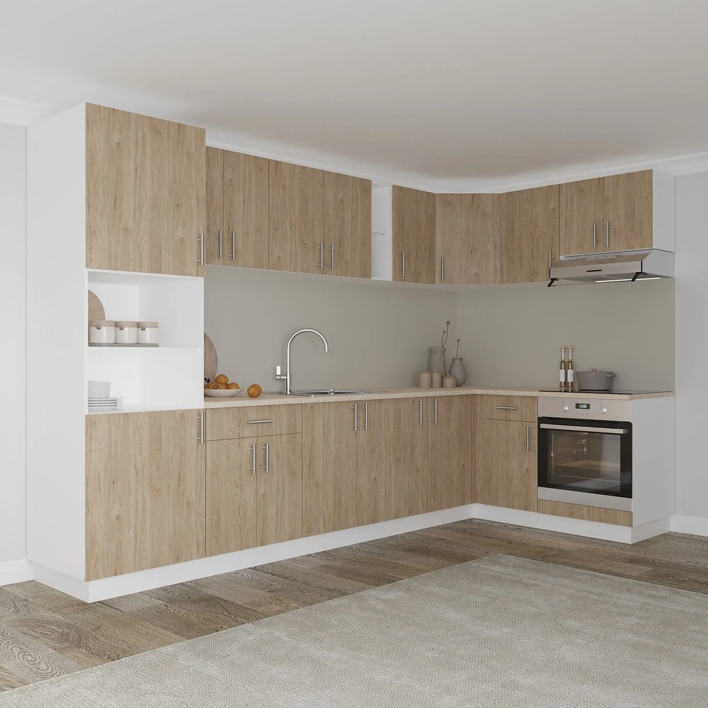 Corp haaus Karo, 2 Usi, cu spatiu cuptor, Lemn Natural/Alb, 60 x 57 x 210 cm