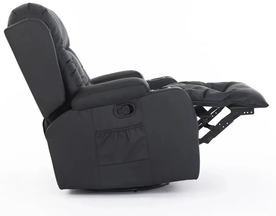 RESIGILAT-Fotoliu Masaj, Incalzire, rabatabil, pivotant, suport picioare extensibil, piele ecologica Premium, Negru