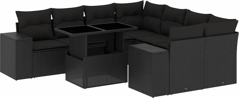 vidaXL Set mobilier de grădină cu perne, 9 piese, negru, poliratan