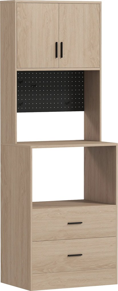 HOMCOM Mobilier pentru cuptor cu microunde, bufet, 2 sertare, 2 uși, blat de lucru, poliță reglabilă, panou perforat, 4 cârlige, lemn natural | Aosom Romania