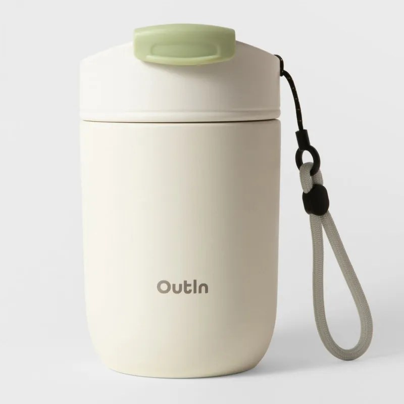 Ceasca termica Outin Travel Tumbler, 350 ml, Mentine cald 6 ore, Rece 12 ore, Otel inoxidabil 316L, Pereti dubli, Izolatie sub vid, Alb nisipos