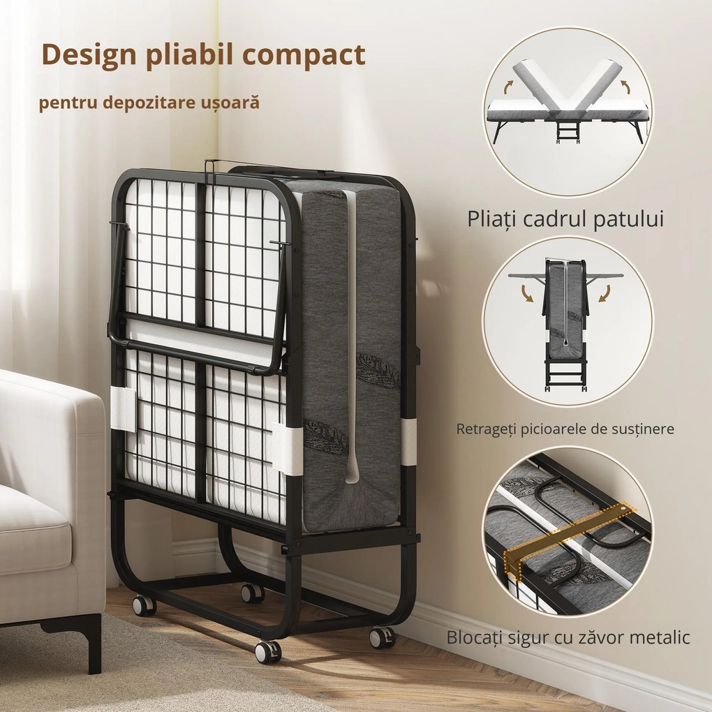 HOMCOM Pat pliant de oaspeți cu roți Oțel+Spumă Alb+Negru 200 x 80 x 42,5 cm | Aosom Romania