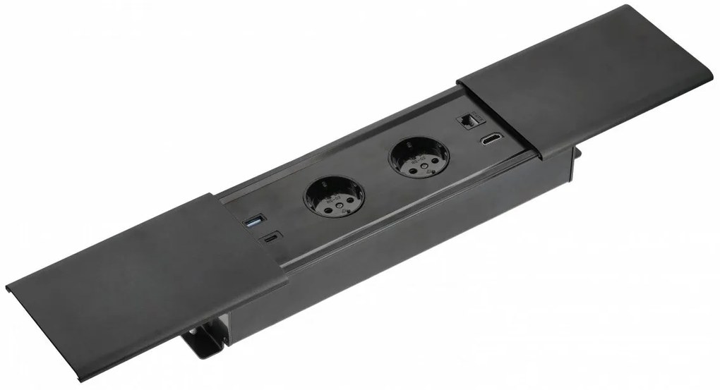 Priza incastrabila model PRESTINO, 2 iesiri Schuko, 1xHDMI, 1XRJ45, 1xUSB-A, 1xUSB-C, finisaj negru
