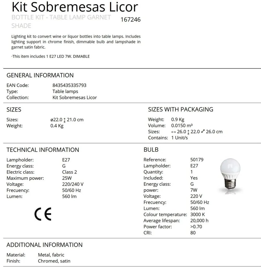 Kit iluminat / Lampa de masa decorativa Licor garnet