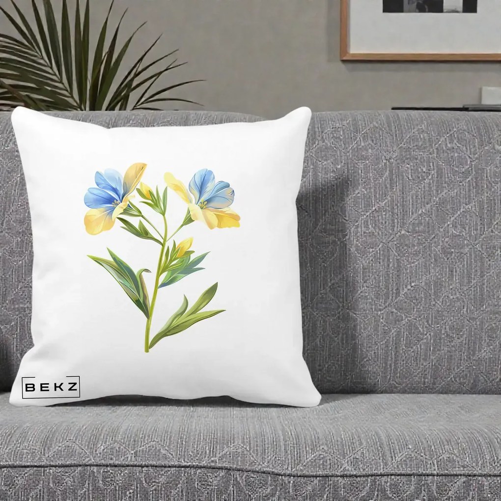 Perna Decorativa Botanica Frezie Galbena si Albastra, 40x40 cm, Alba Mata, Husa Detasabila, Perna Inclusa, BEKZ®