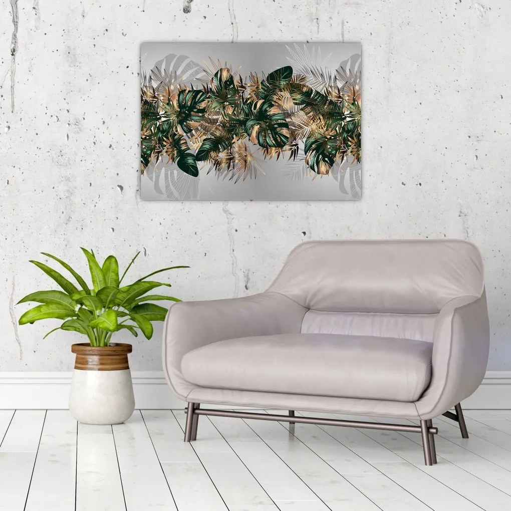 Tablou pe sticlă - Frunze tropicale, Galben - auriu (70x50 cm)