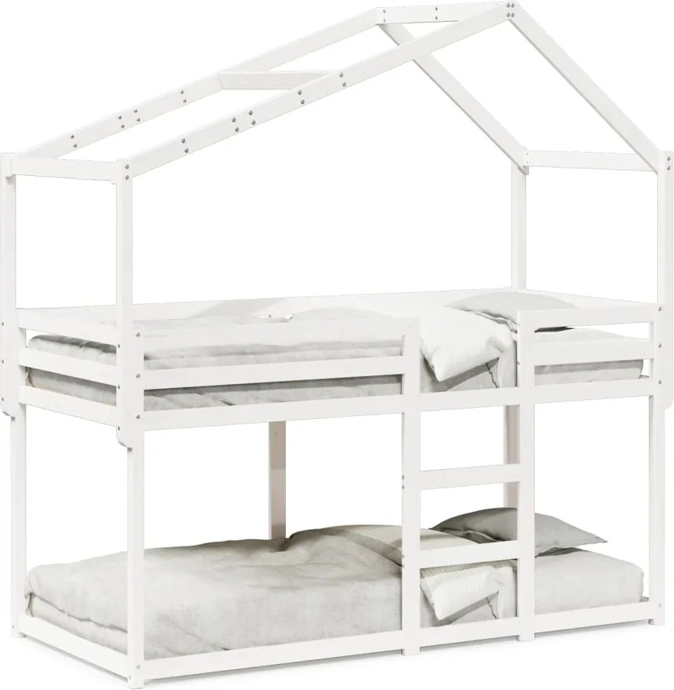 vidaXL Pat supraetajat cu acoperiș, alb, 90x200 cm, lemn masiv de pin