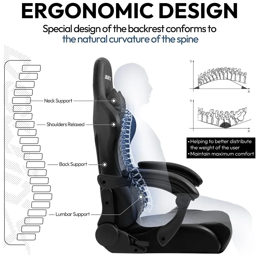 DOWINX Scaun gaming, ergonomic, suport lombar cu masaj, spătar rabatabil, tetieră, suport pentru picioare, rezistent 150 kg, piele PU, Negru