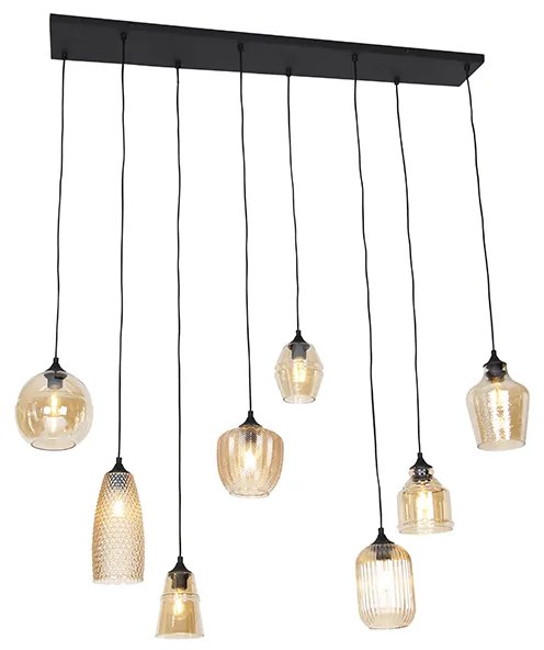 Lampă suspendată Art Deco neagră cu sticlă chihlimbar 8 lumini - Hanne