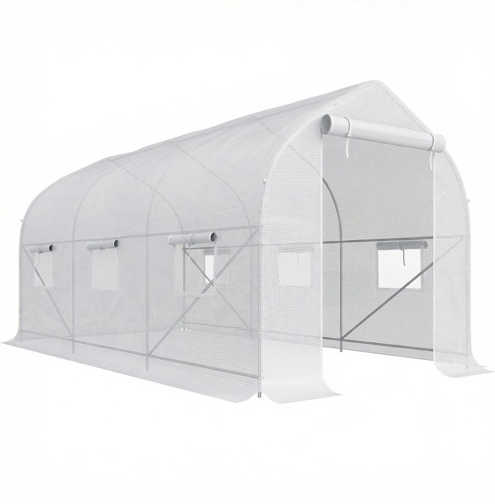 Outsunny Seră de Grădină a Tunnel 4x2x2 m cu Uși Rulabile și 6 Ferestre, Seră pentru Grădină cu Acoperiș înclinat, Structură din Metal și Acoperire PE, pentru Grădinărit Legume Flori Fructe, Alb | Aosom Romania