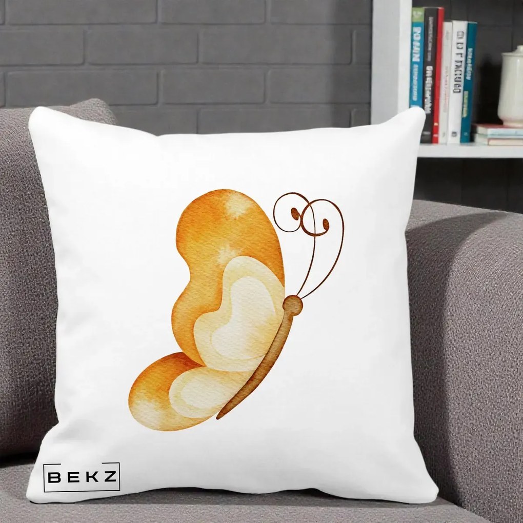 Perna Decorativa Fluture Acuarela Auriu, 40x40 cm, Alba Mata, Husa Detasabila, Perna Inclusa, BEKZ®