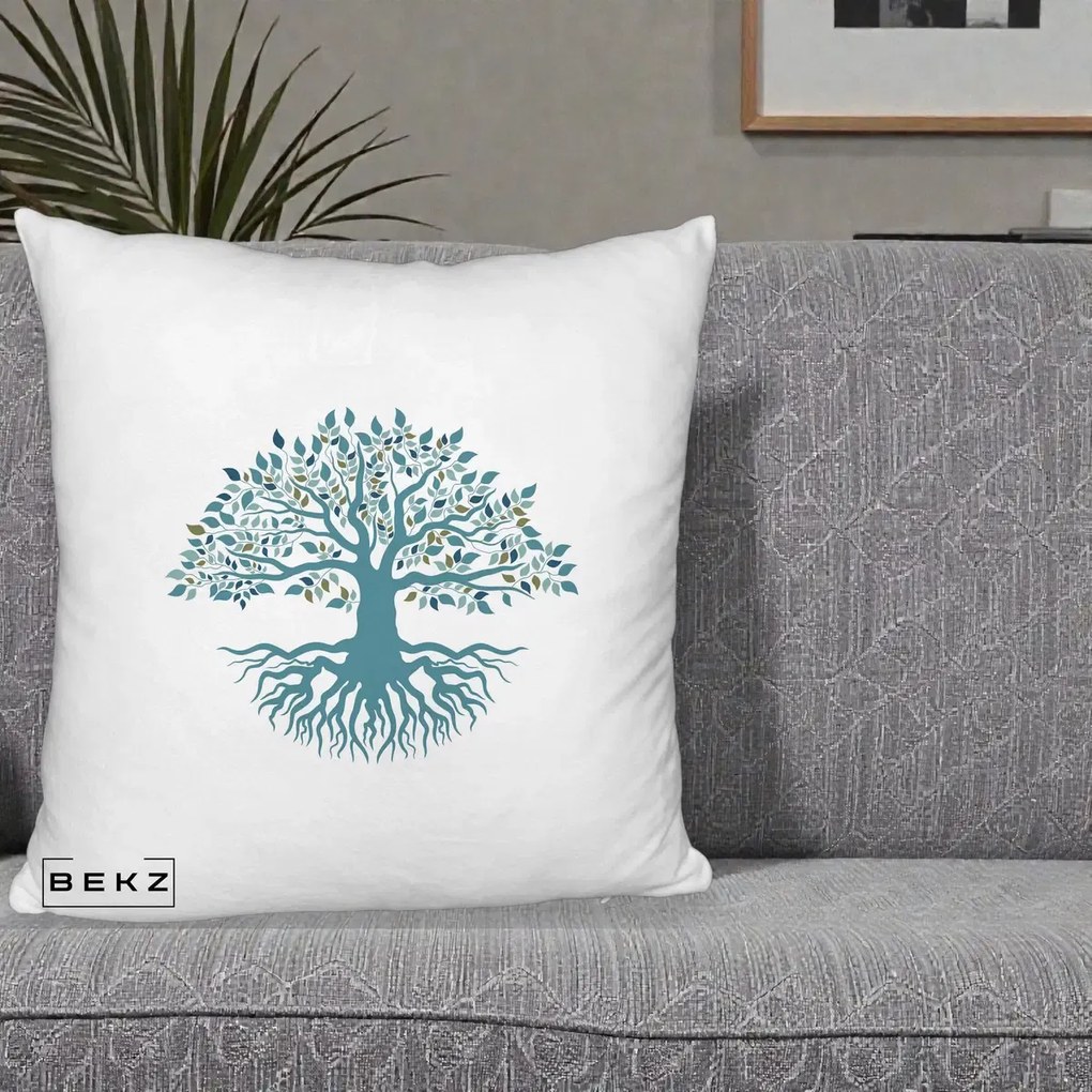Perna Decorativa Copacul Vietii Teal cu Radacini, 40x40 cm, Alb Pufos, Husa Detasabila, Perna Inclusa, BEKZ®