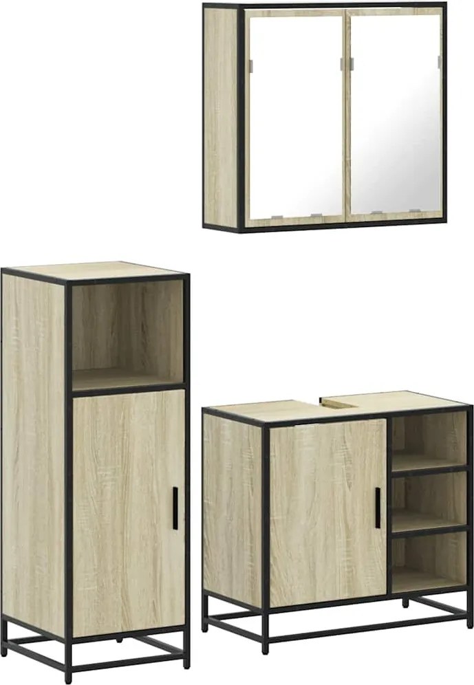 vidaXL Set mobilier de baie, 3 piese, stejar sonoma, lemn prelucrat