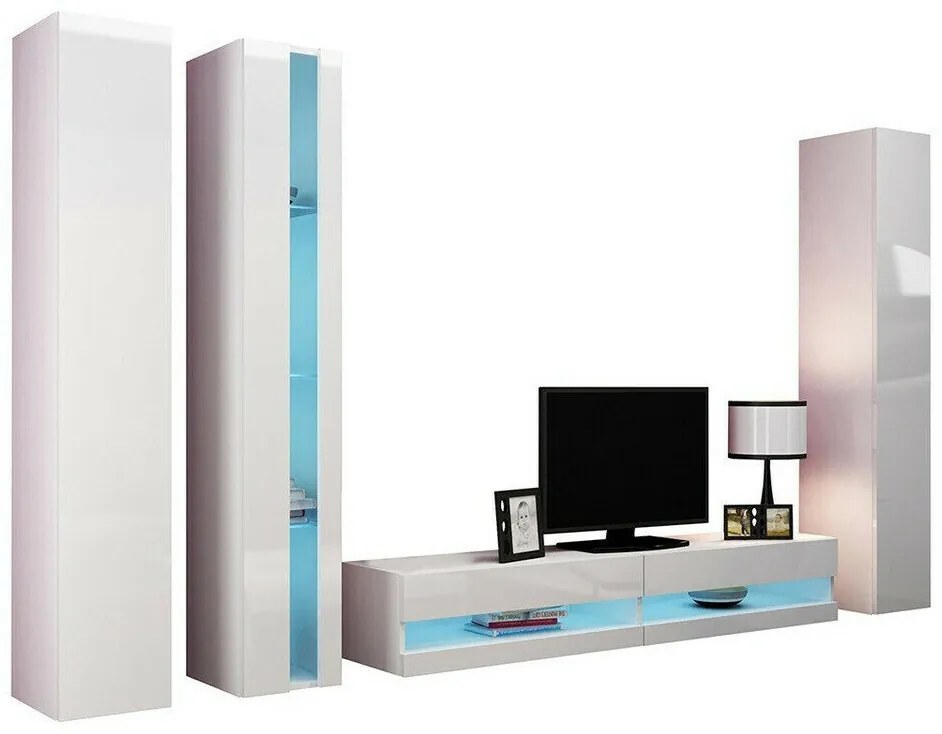 Camera de zi Charlotte A116Alb lucios, Alb, Cu componente suplimentare, Părți separate, Cu comodă tv, PAL laminat, MDF, 180x40cm, 110 kg