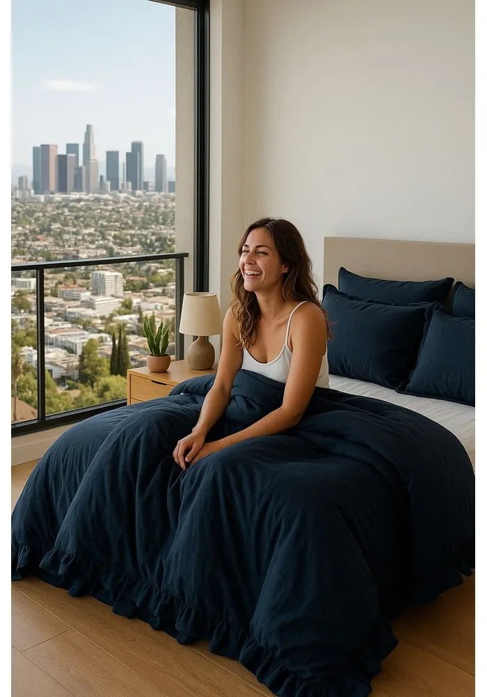 Lenjerie de pat albastru-închis din bumbac ranforcé pentru pat de o persoană 140x200 cm Ruffle Striped – Mila Home Luxury